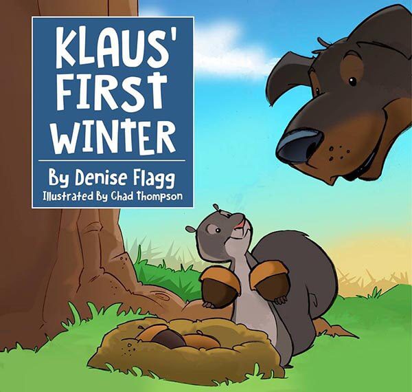 Klaus' First Winter book cover - friendly dog looking down at a happy squirrel holding acorns