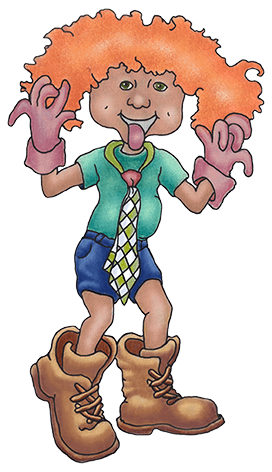 cartoonish drawing of a boy with curly orange hair, large brown boots, patterned tie and gloves making a silly face
