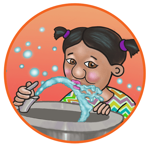orange circle around a drawing of a girl with black hair in pigtails drinking from a bubblah (water fountain)